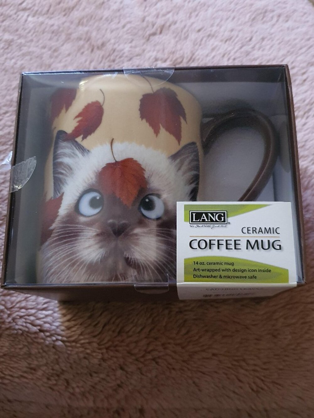 Lang Catching Leaves Cat Coffee Mug Cup 14 oz Design by Lowell Herrero 2016 NEW